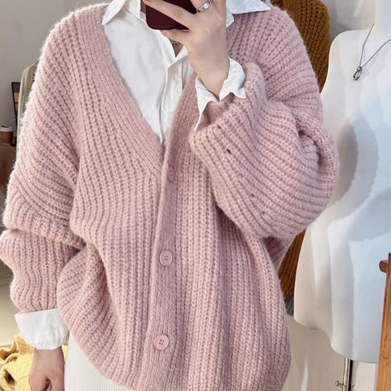 Korean Chunky Knit Sweater Coat College V-neck Long-sleeve Knitted Cardigan Solid Color Casual Temperament Loose Shawl Outerwear