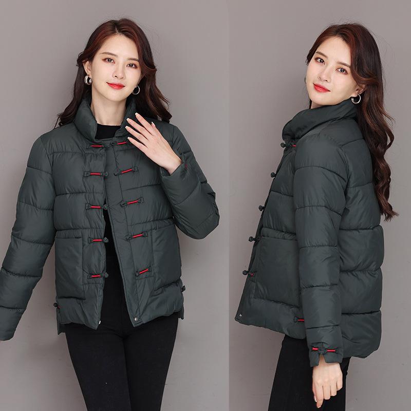 Retro literary stand-up collar buckle light thin down cotton jacket plus size women's loose thickened short cotton jacket