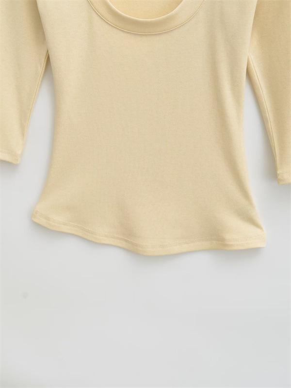 Women's Spicy Girl Deep U-Neck Sexy T-Shirt: Summer Slim-Fit, Elastic Mid-Sleeve, Pure Desire Top