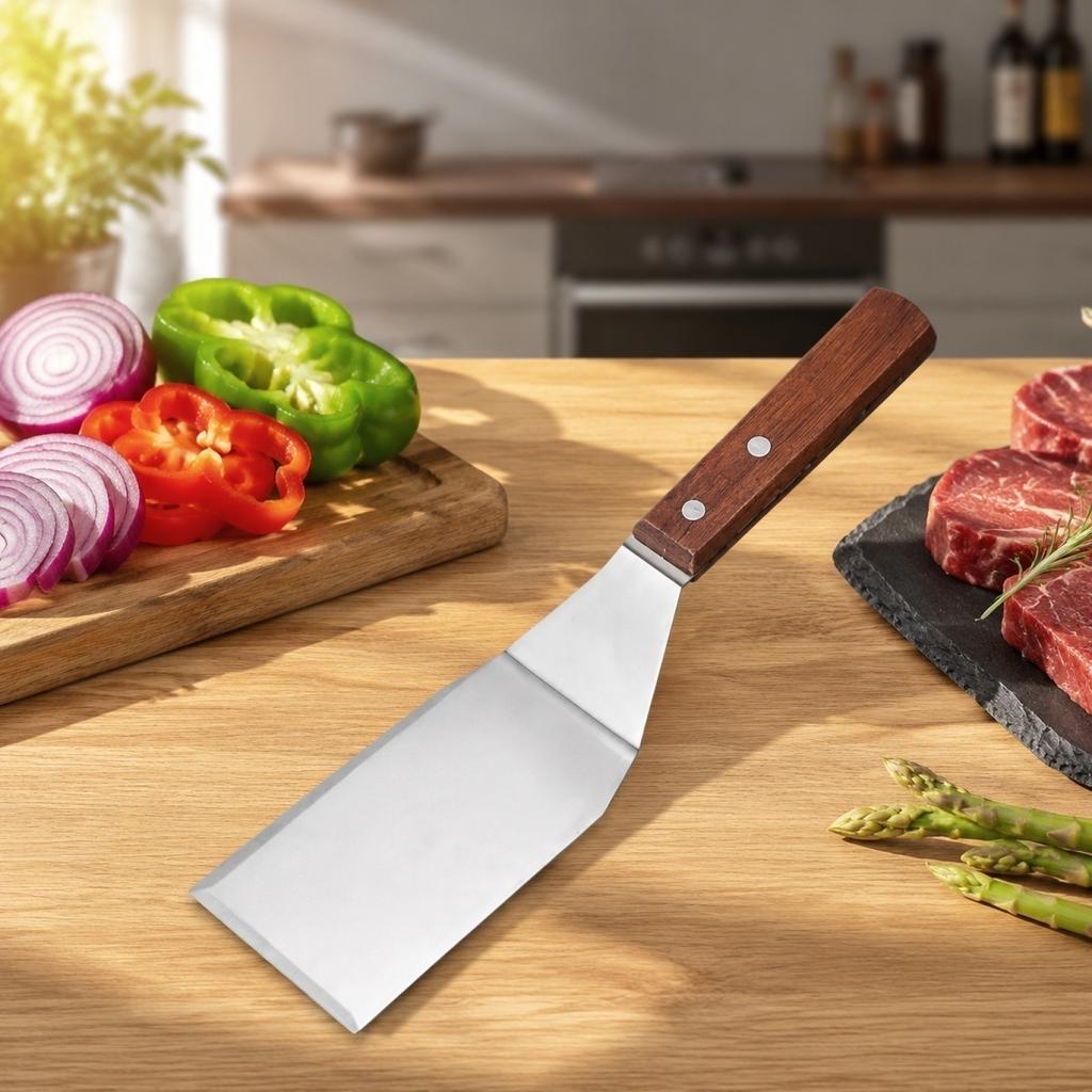 Wood Handle Stainless Steel Three-Edge Spatula Slanted Cooking Turner Griddle Spatula Teppanyaki Turner Kitchen Tool