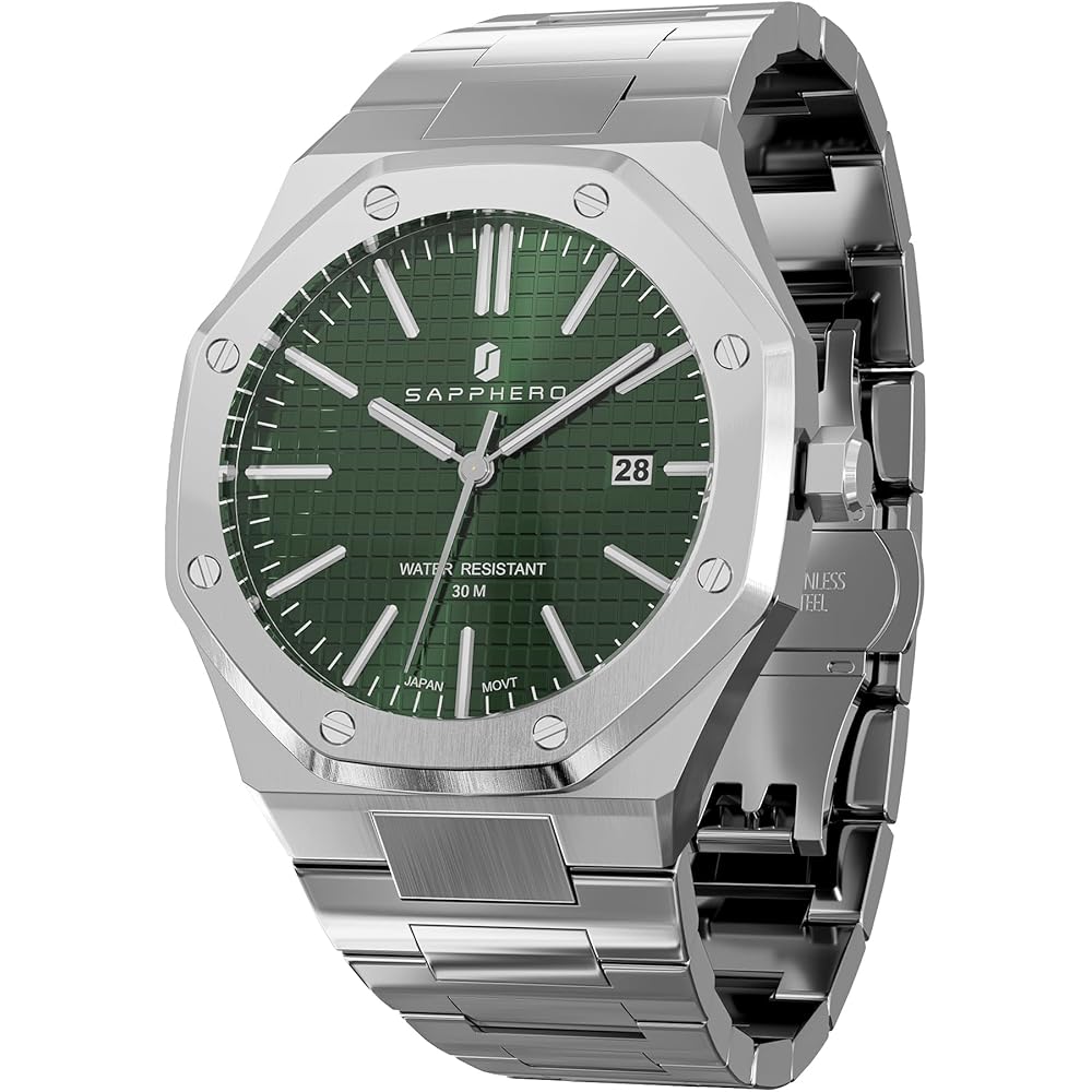 SAPPHERO Men s Octagonal Stainless Steel Waterproof Luminous Analog Quartz Watch Date Business Casual Gift