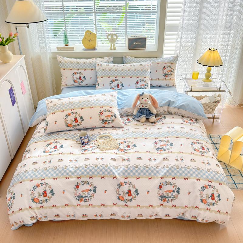 Garden Pink Flowers Pattern Duvet Cover Set 3Pcs Cute Rabbit Printed 100% Cotton Soft Comfortable Comforter Cover Bedding Set