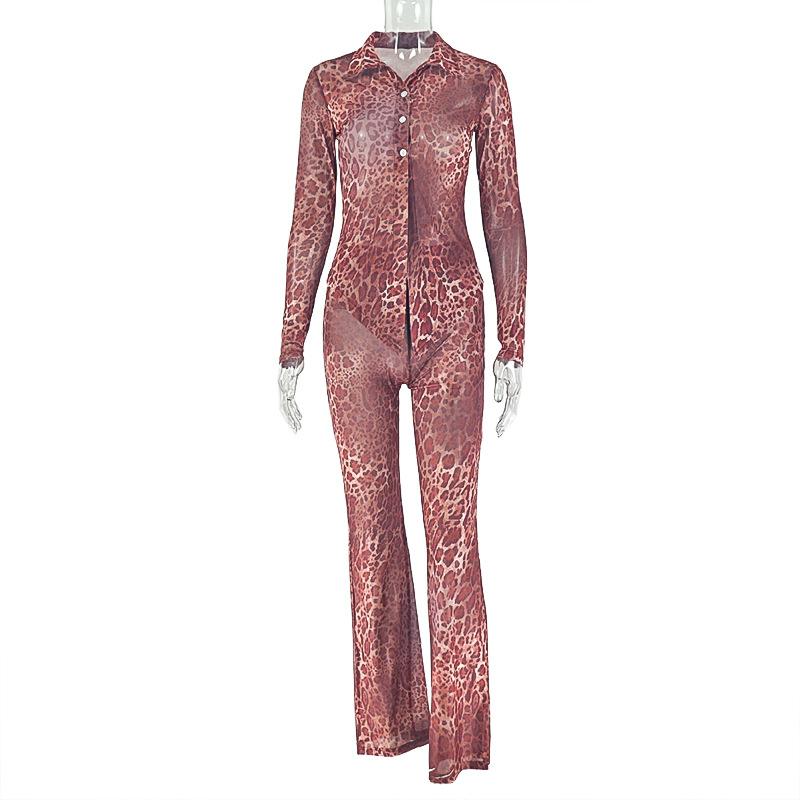 

Women Leopard Print Blouse and Pants Set Long Sleeve Lapel Collar Button Down Shirt High Waist Wide Leg Pants Two Piece Outfit S
