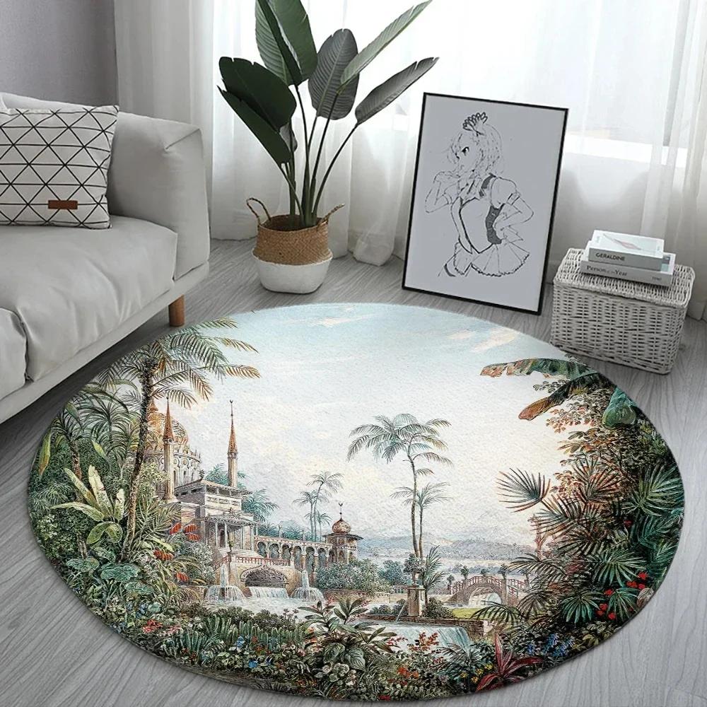 Lotus Landscape Painting Round Carpet Chair Sofa Carpets Home Living Room Bedroom Bathroom Floor Mat Printed Home Decorations