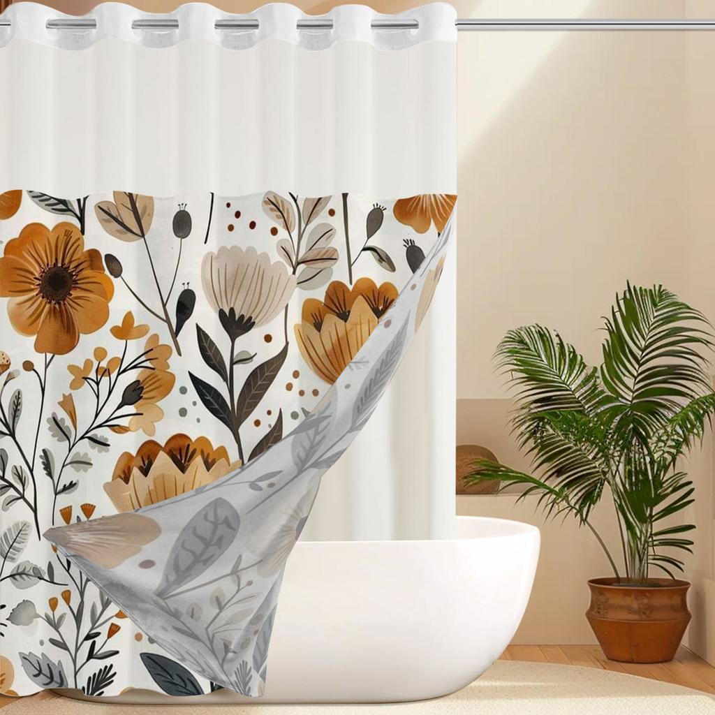 No Hook  Floral Pattern Shower Curtain With Snap-in Fabric Liner, Sheer Top Window, Waterproof Double Layer Bathtub Curtain