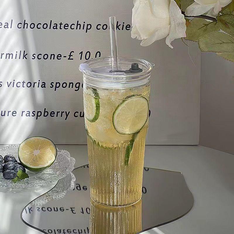 600ML Stripe Glass Cup With Lid and Straw Transparent Ice American Coffee Cup Summer Ice Drinking Cup Bubble Tea Cup Juice Glass