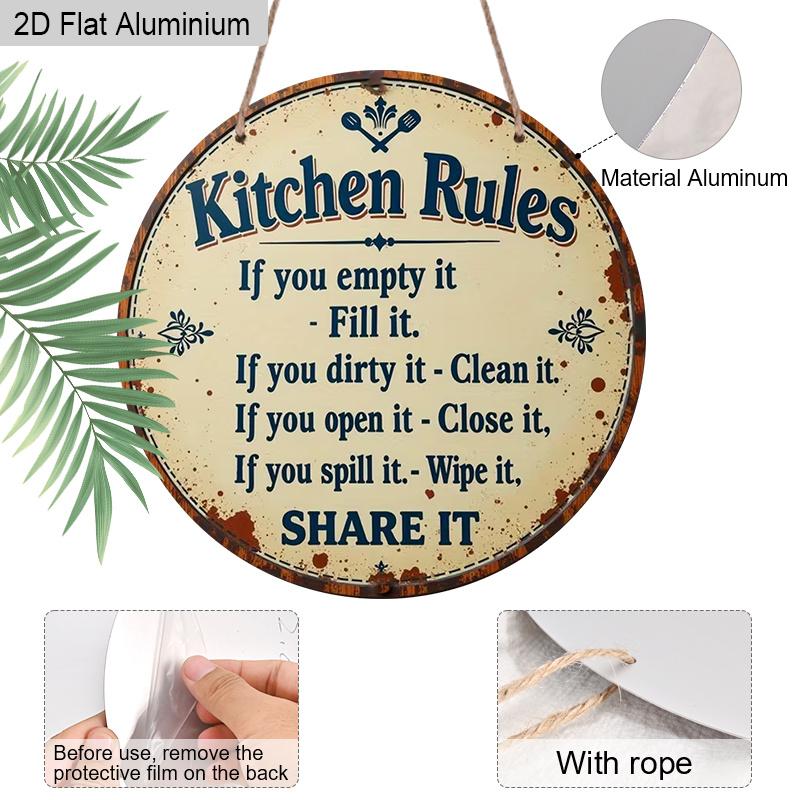 2D Flat Aluminum Rustic Farmhouse Kitchen Decor Round Metal Sign, Cute Family Manners Sign for Mom, Wife, Housewarming Gift, Pre-Drilled Holes for