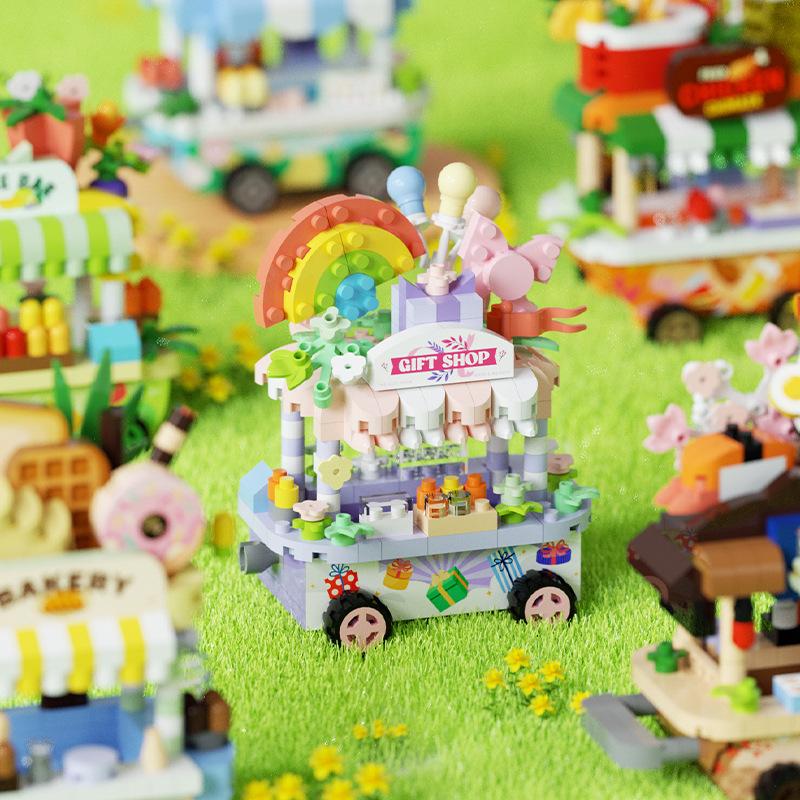 Mini Creative Street Food Cart Model Building Block Set Holiday Gift Display Cabinet Puzzle Toy For Adults And Kids