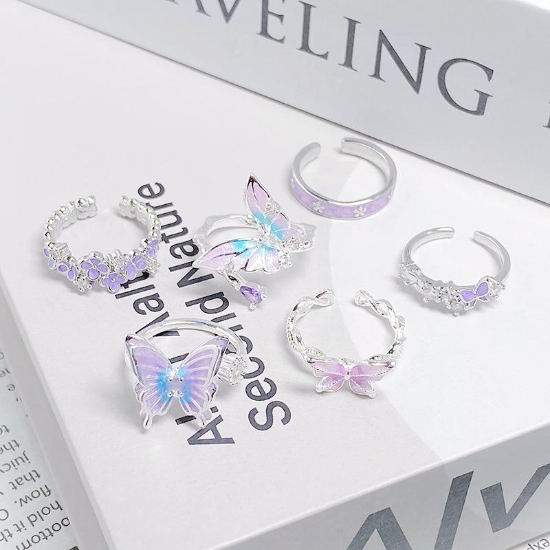Purple Romantic~ Butterfly Sweet Cool Enamel Dripping Oil Zir*****Pening Ring Exquisite Stacking Temperament Ring Woman