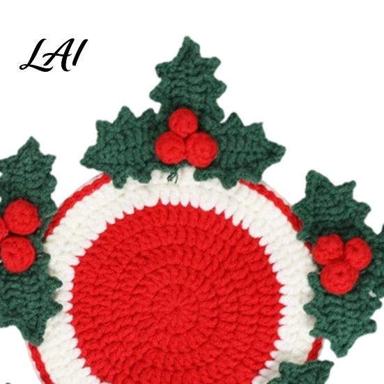 Festive Christmas Home Decor Crochet Cup Coasters with Mini Basket Handmade Holly Plants Starter Kit Hooks Berries Mat Set for Drinks Tabletop