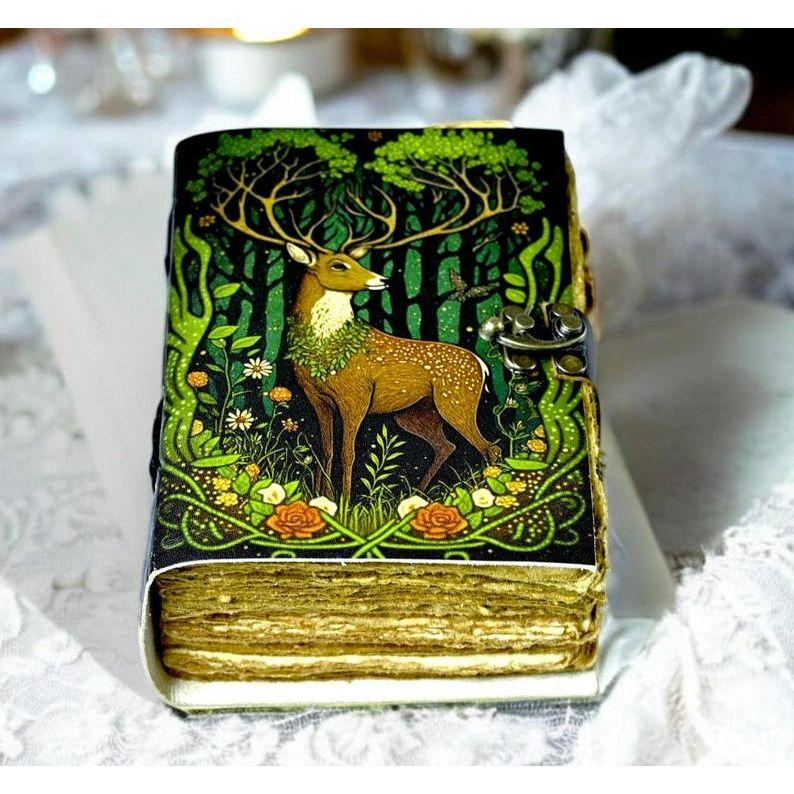 

Vintage Leather Journal: Deer Print, Deckle Edge Paper, Book of Shadows 7 x 5 in