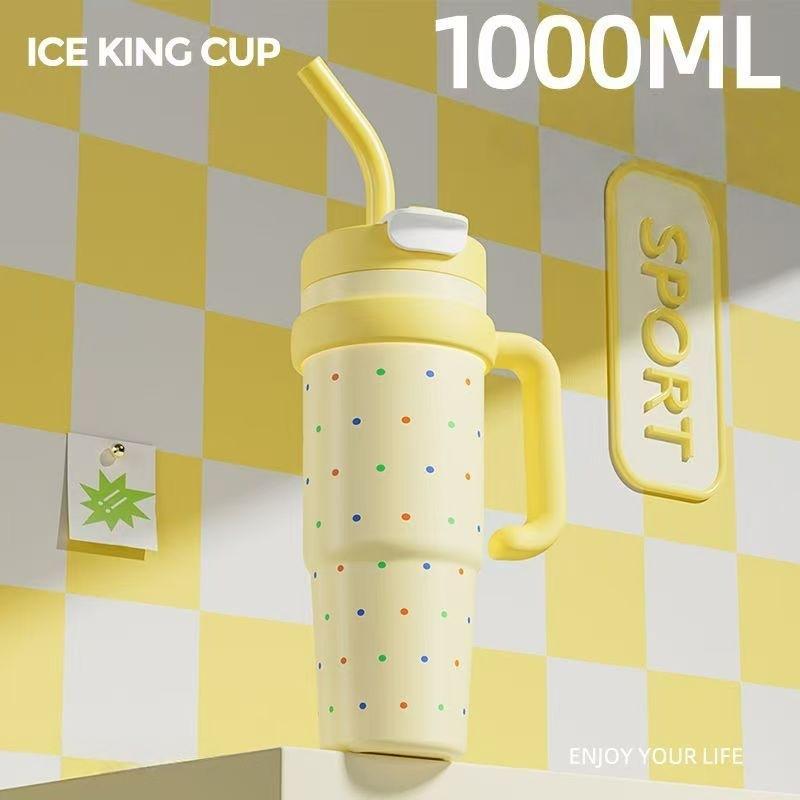 1000ML Große Kapazität Edelstahl Thermosbecher mit Strohhalm & Griff Vakuumbecher Thermo-Wasserflasche Reisebecher Hält Kalt & Heiß