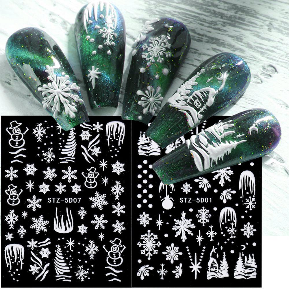 Art Decorations Charms Flower White New Year Design Snowflakes Nail Sticker Christmas 5D Embossed