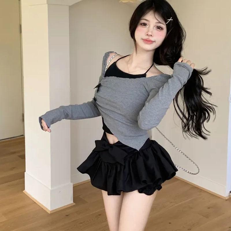 Pure Desire Irregular Grey Long Sleeve Top Tank Strap Design Women's Short Two-piece Set Slim American Spicy Girl Korean Fashion