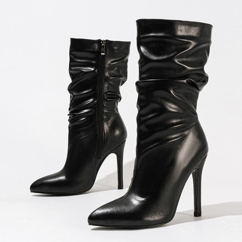 High Quality Solid Black Pleated Leather Boots For Women Sexy Pointed Toe Party Nightclub Stripper Heels Zip Booties Shoes