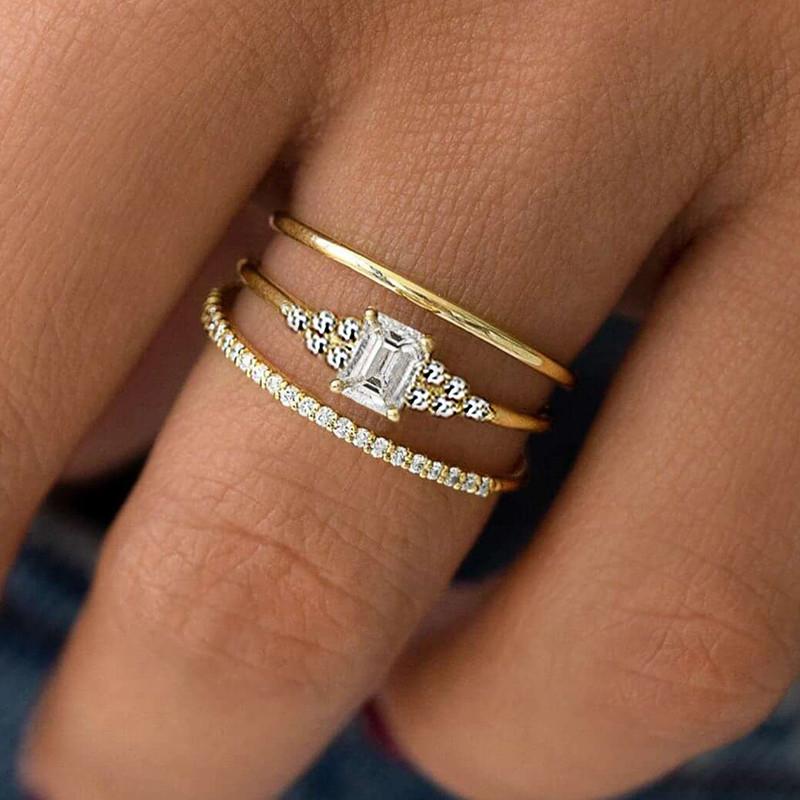 

Huitan Gold Color 3Pcs Wedding Rings Set Female Rectangular Zirconia Stone Finger Accessories Women Engagement Eternity 10