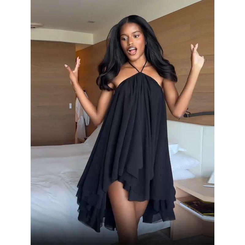 

European and American Women clothes Summer New Sexy Pure Desire Backless Low Cut Lace-up Gauze Breathable Loose Sling Dress Black S