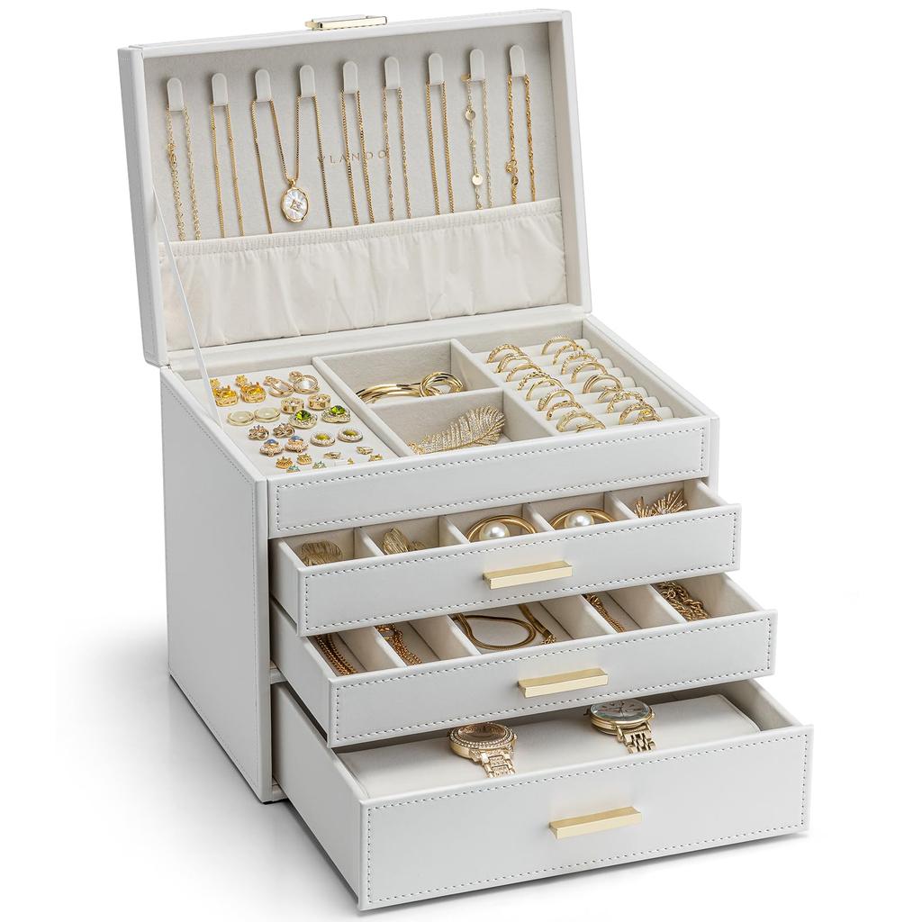 Vlando Large Capacity Jewelry Box with 4 Drawers for Small Items, Earrings, Necklaces, Rings, Watches, and More (White)