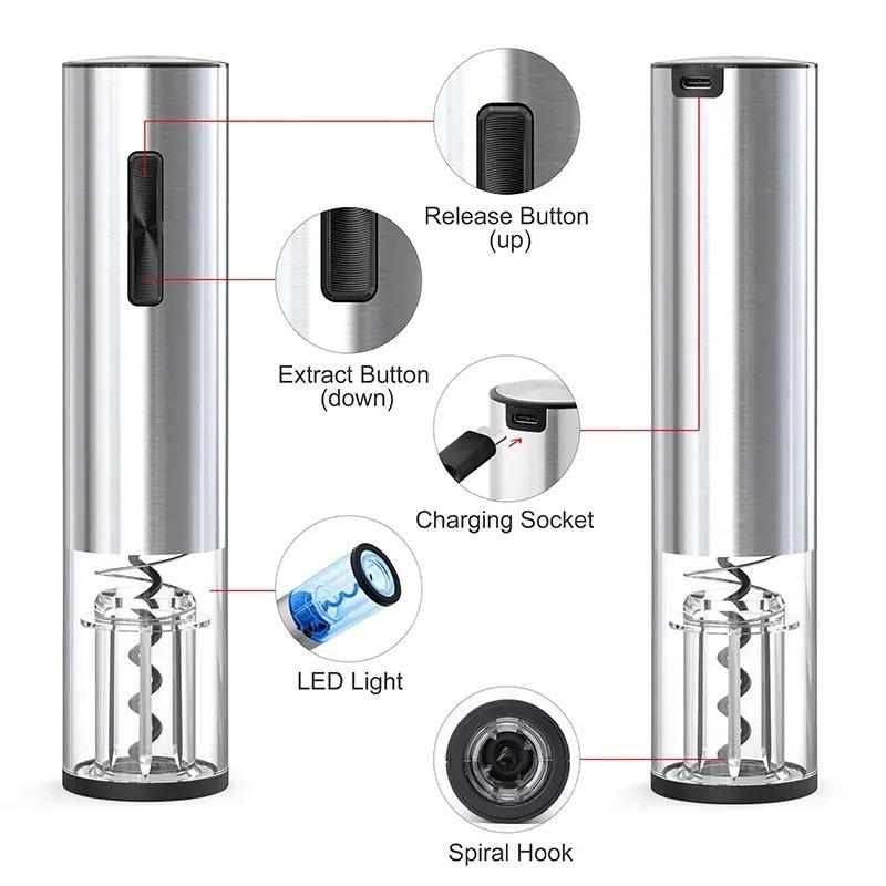 USB elektrický otvírák na červené víno - Čtyři kusy - Nabíjecí elektrický otvírák z nerezové oceli - Kráječ na zátky