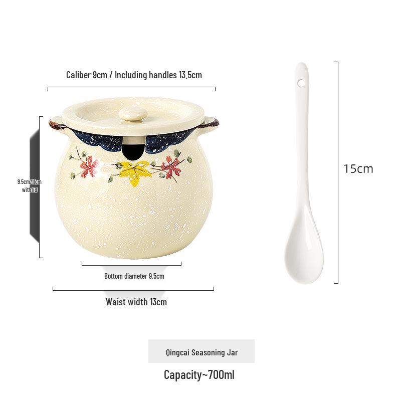 Japanese Double-Handle Ceramic Lard & Chili Oil Jar, Large Capacity, Heat-Resistant, with Lid & Spoon