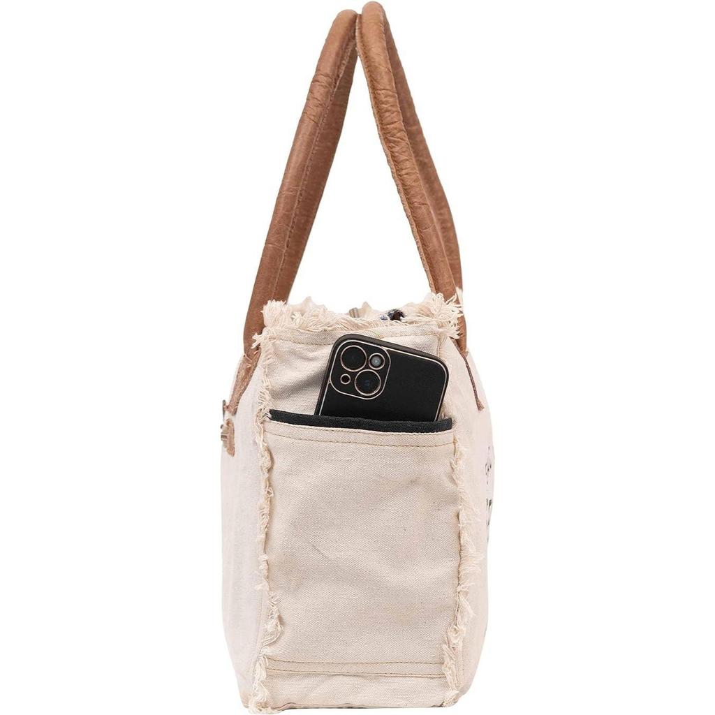 Canvas-Handtasche, Upcycled-Canvas- und Rindsleder-Einkaufstasche, strahlende Upcycled-Ledertasche