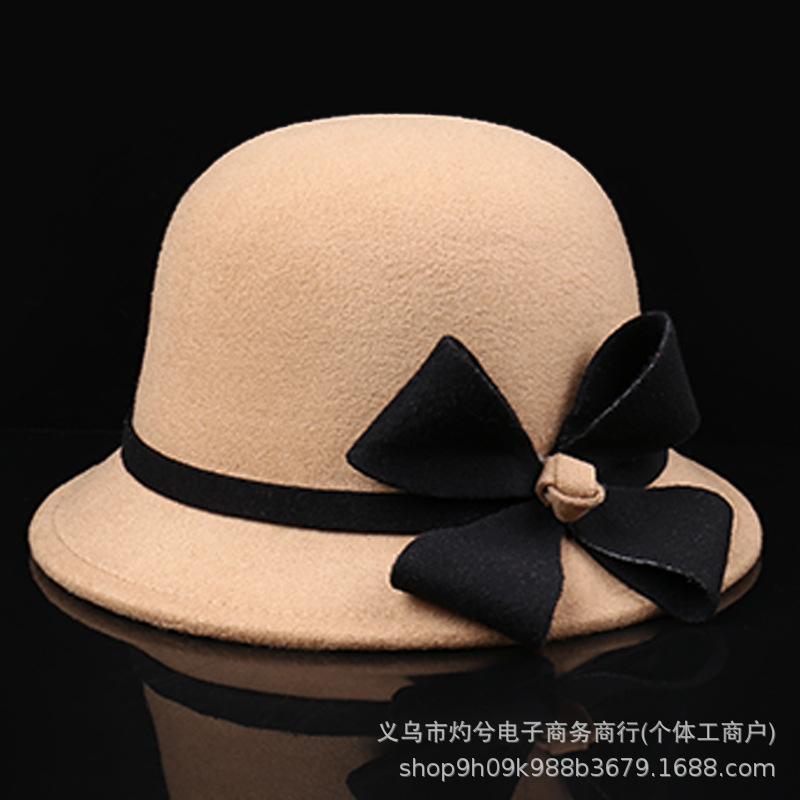 Hat Women's Autumn and Winter Wool Flower Pot Hat French Felt Women's Outdoor Warm Windproof Top Hat Wool Wide-brimmed Hat