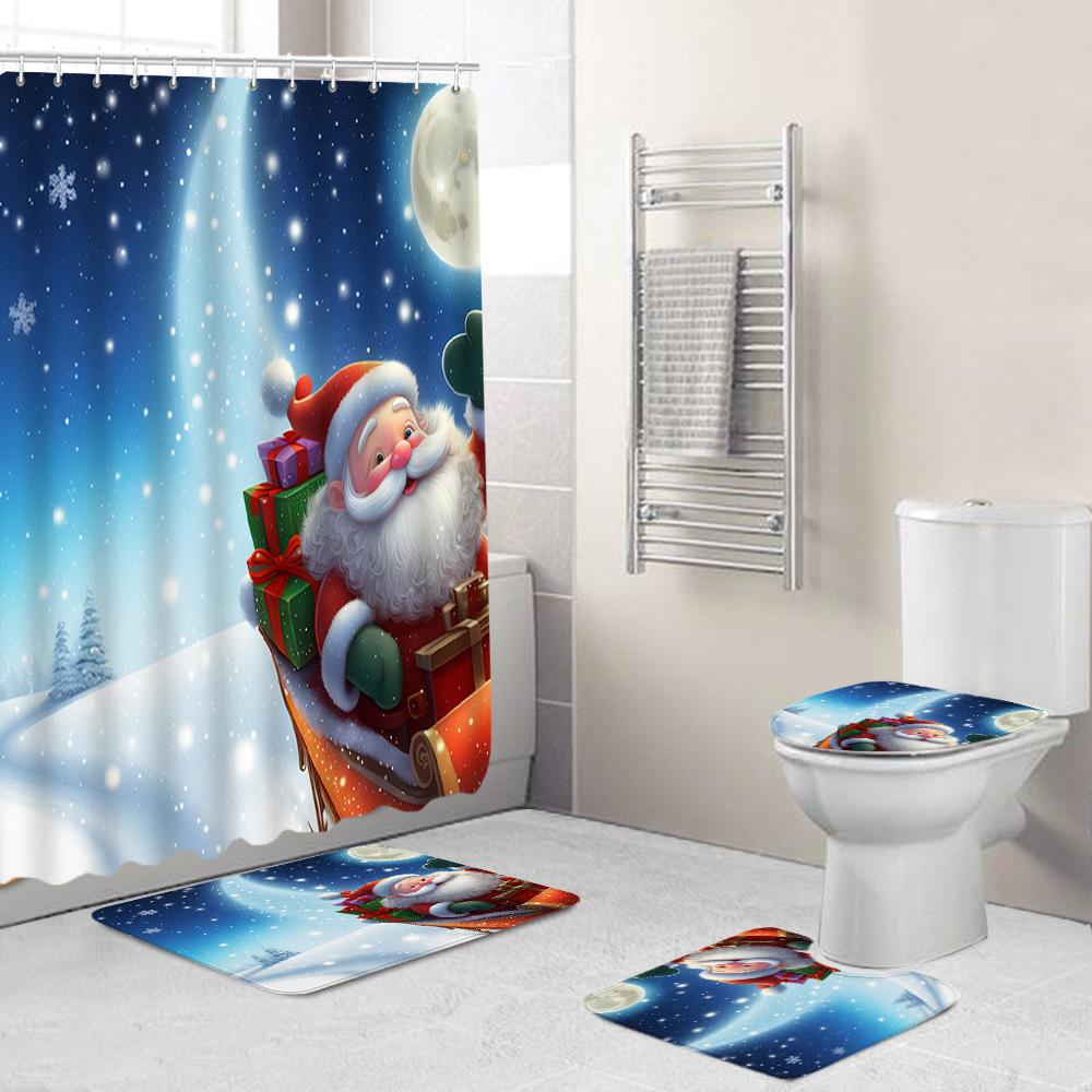Christmas Toilet Cover Shower Curtain Floor Mat Set Santa Carpet Door Mat Foot Mat Non-Slip Mat