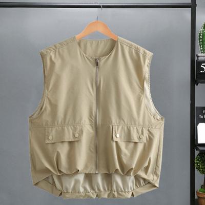 Women Summer Vest Japanese Style Zipper Clsoure Round Sleeveless Soid Color Loose Cardigan Casual Daily Wear