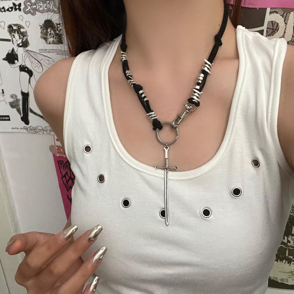 Punk Hip-hop Sliver Color Redemption Thorn Holy Sword Pendant Black Rope Chain Necklace for Women Hot Girl Personality Jewelry