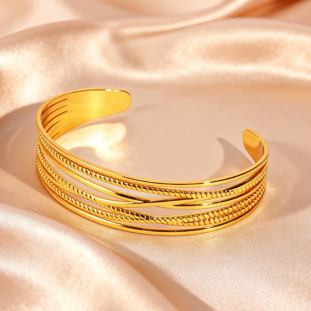 Multi-layer Lines Stainless Steel Wide Cuff Bangle for Women, Non Fading Gold Plated Open Bracelets, Waterproof Jewelry