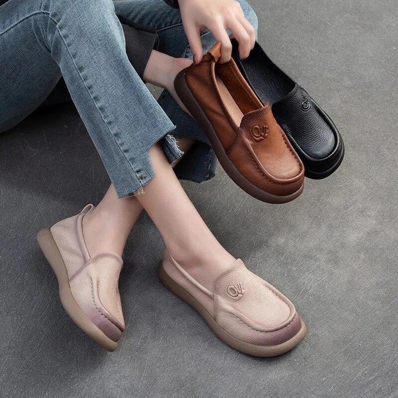 Retro Versatile Women's Shoes Genuine Leather Loafers Round Toe Soft Sole Casual Slip-on Flat Shoes