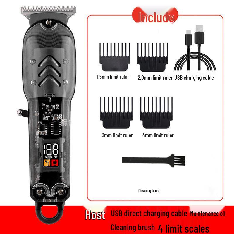 Digital Display Transparent Hair Trimmer, Electric Engraving Shaver for Household & Salon Use