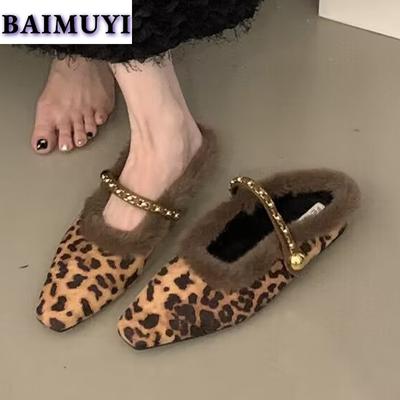 Pelz Leopard Damen Pantoletten Hausschuhe Eckige Zehenschuhe 2025 Trend Mode Neu Slingback Niedrige Absätze Schuhe Winter Outdoor Mujer Zapatos