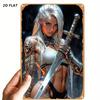 2D Flat, 1pc Vintage Woman with Sword Metal Tin Sign - 8x12 Inch Iron Wall Art, Fantasy Armor & Weapon Design