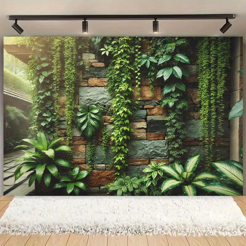 Lush Greenery Tapestry: Stone Wall With Cascading Plants For A Serene Living Room Decor