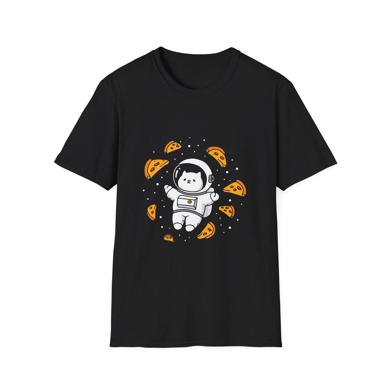 Astronaut Cat Floating with Pizza T-Shirt | Space Kitty Pizza Tee L