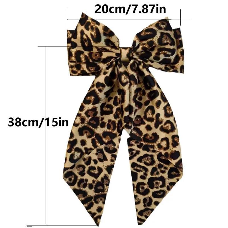 Vintage Leopard Print Bowknot Hairpin Long Ribbon Back Head Spring Clip Ponytail Headwear for Women Elegant Versatile Hairpin