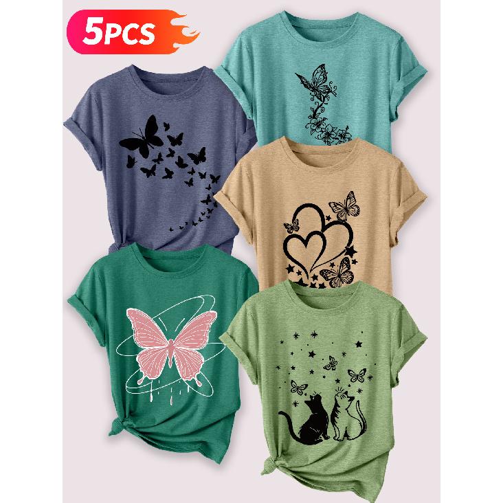 Follow a specific direction Five-piece set for women T Shirt Butterfly and cat motif vintage print Summer Casual Elegant Women's Clothing Short