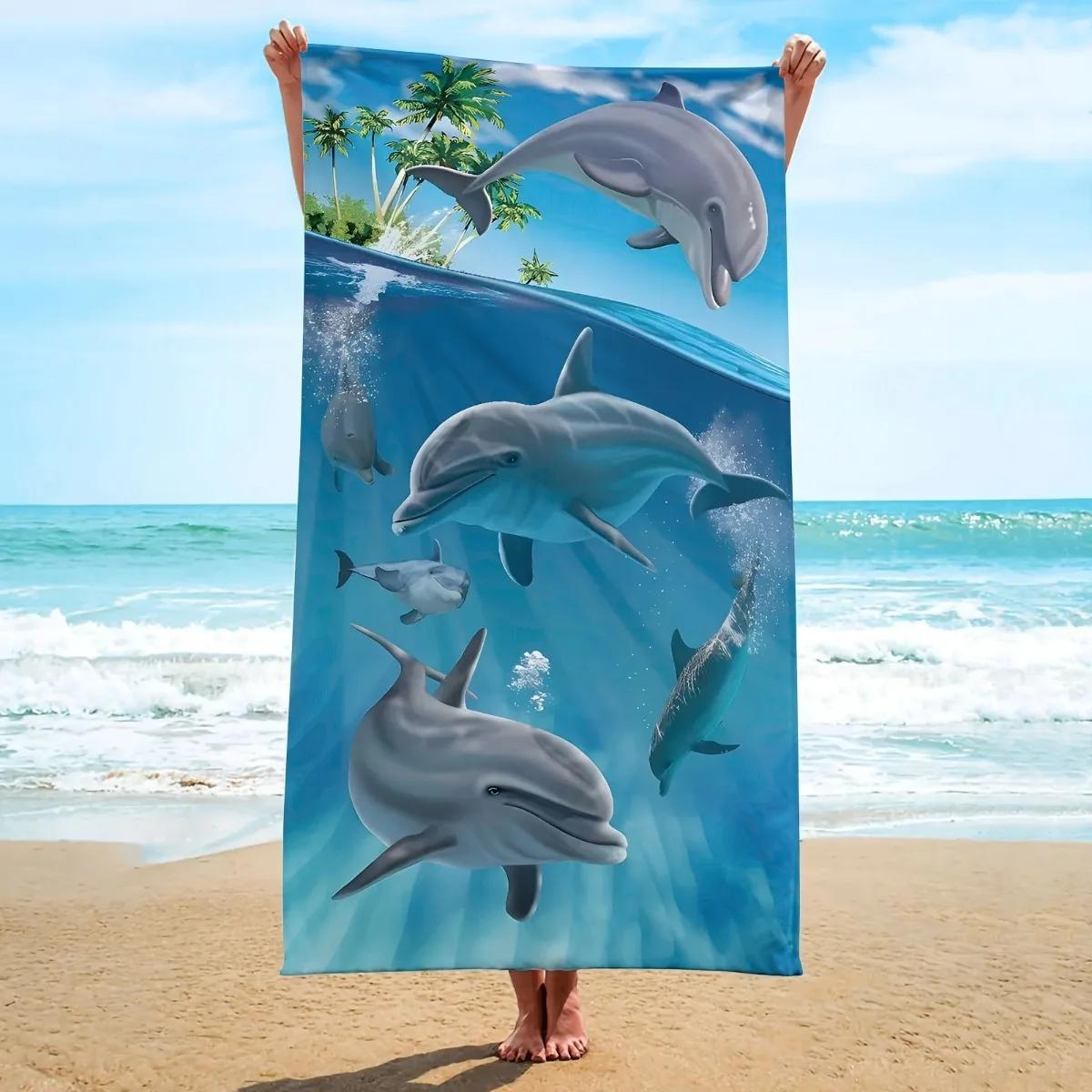

Dolphin Print Microfiber Beach Towel, Soft Absorbent Pool Towel, Sand-proof Swimming Towel, Beach Essentials, Travel Supplies W30*H60(CM)