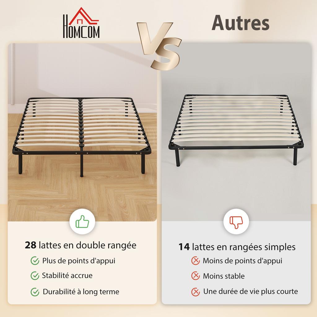 Bed Frame 160 x 190 cm, Double Bed in Solid Wood with Slatted Base and Foot, Storage Underneath, Black