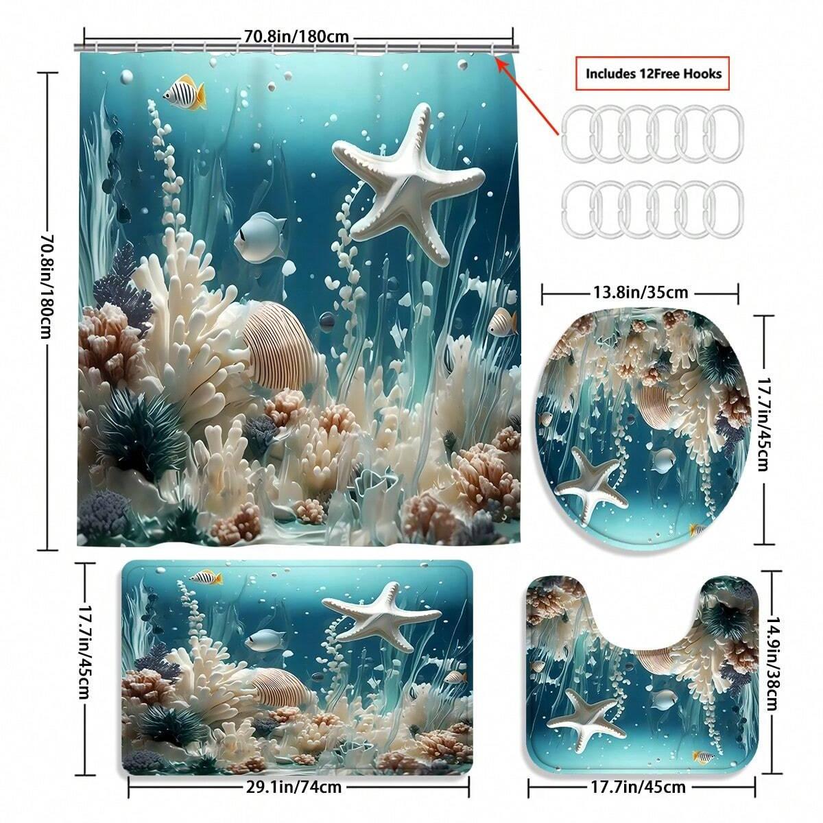 

4pcs Coral Starfish Pattern Bathroom Set, Waterproof Fabric Shower Curtain With 12 Hooks Toilet Lid Cover, Bathroom Decor tnb-241226000066
