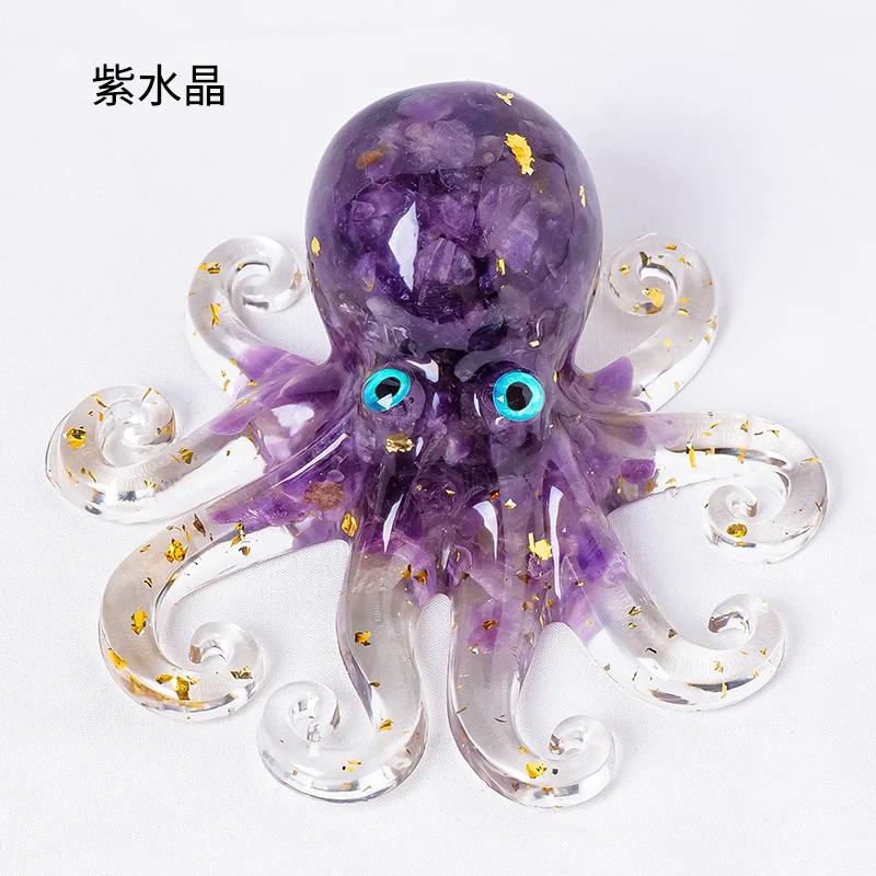 Natural Crystal Gravel Miniature Octopus Statue Chinese Lucky Feng Shui Ornament Resin Squid Home Tabletop Landscape Ornaments