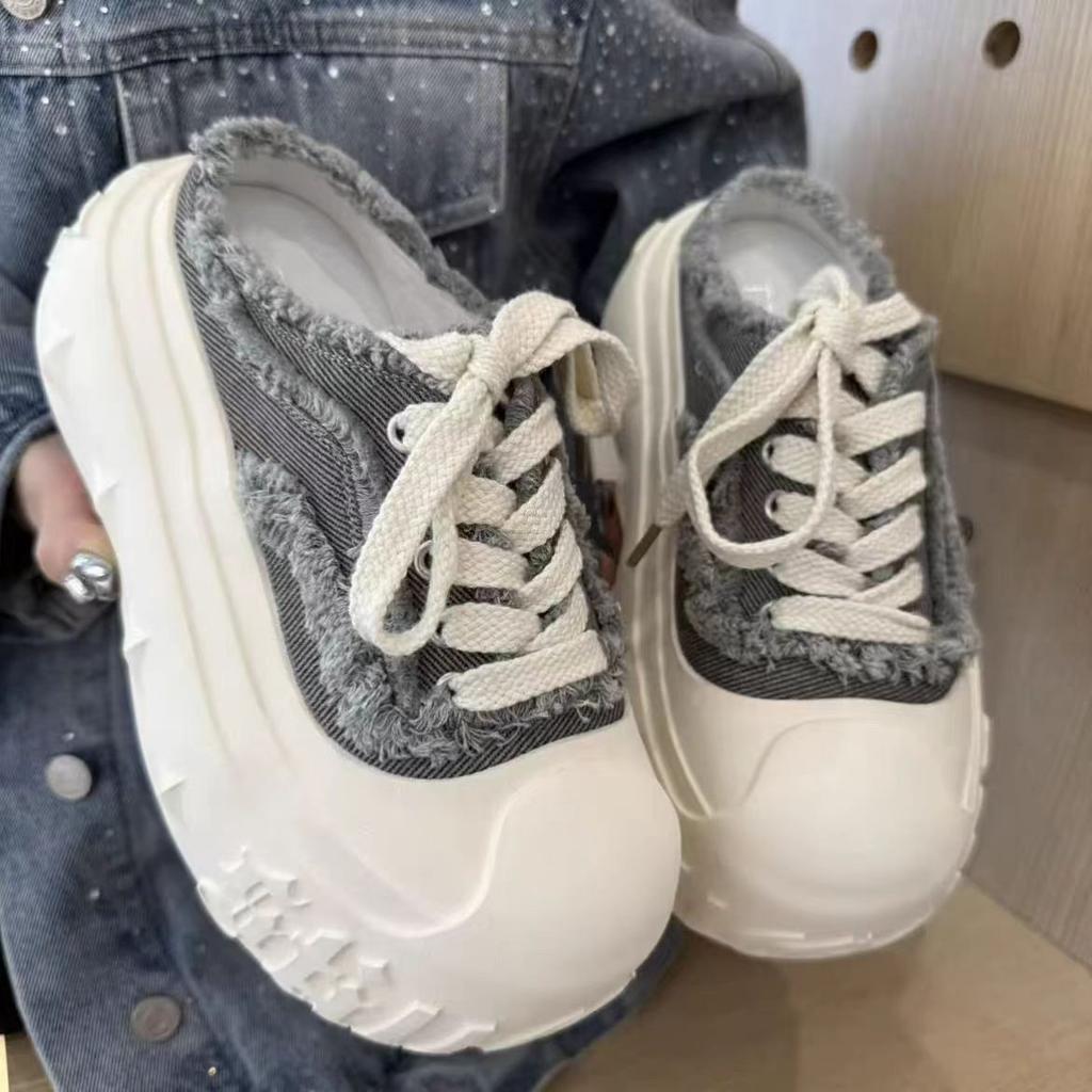 Casual Canvas Sports Shoes Women's Thick Bottom High Heel Slippers Outdoor Wear Rubber Sole Korean Style Flat Sandals