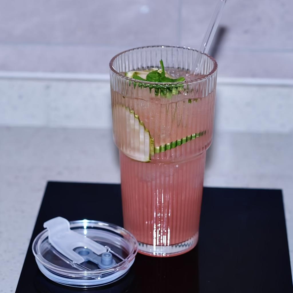 1pcs/2pcs/4pcs Glass Cups with Straws and Lids, Vertical Stripe Pattern, Elegant Home Use for Iced Drinks & Coffee