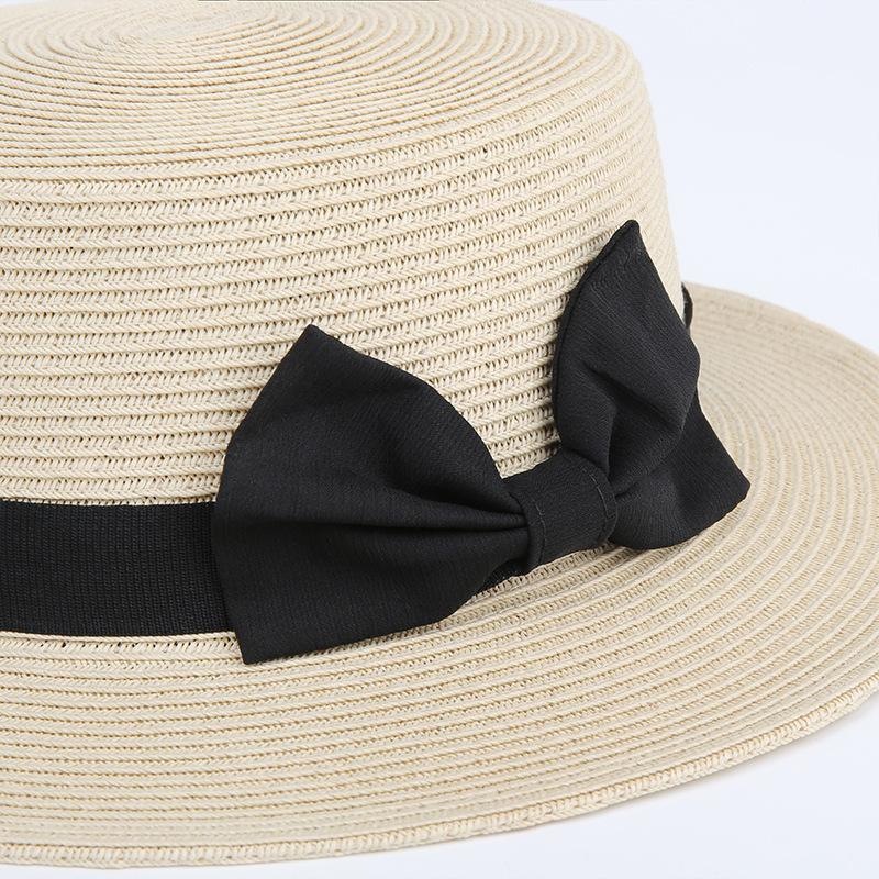 Flat Top Small Fresh Top Hat Summer Straw Hat Women's British Retro Sunshade Sunscreen Beach Bow Sun Hat