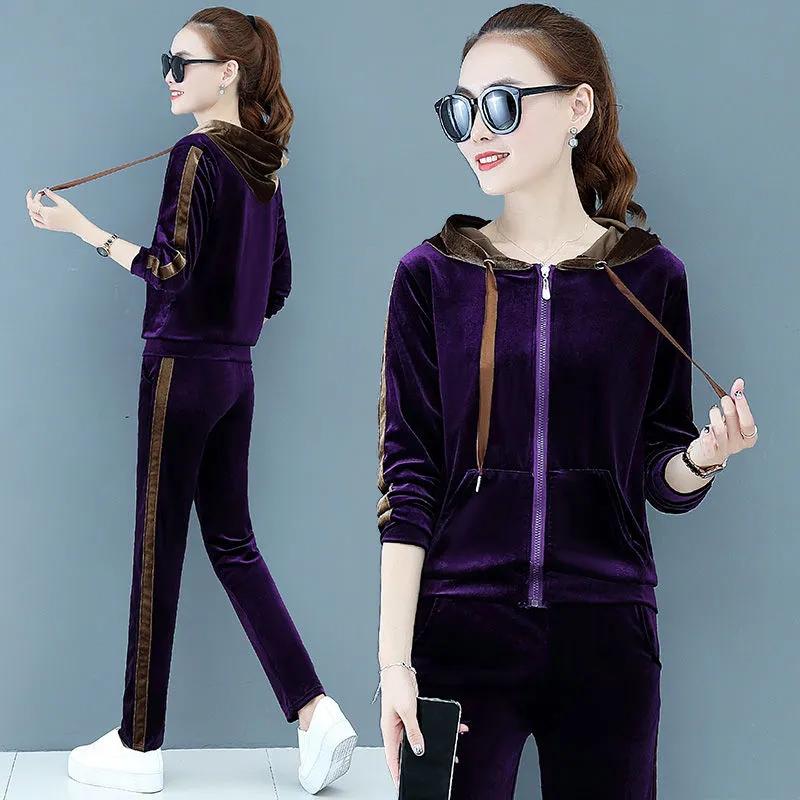 

Женский весенне-осенний повседневный спортивный костюм Дизайн Толстовка с капюшоном + Спортивные штаны Костюм-двойка XS фиолетовый