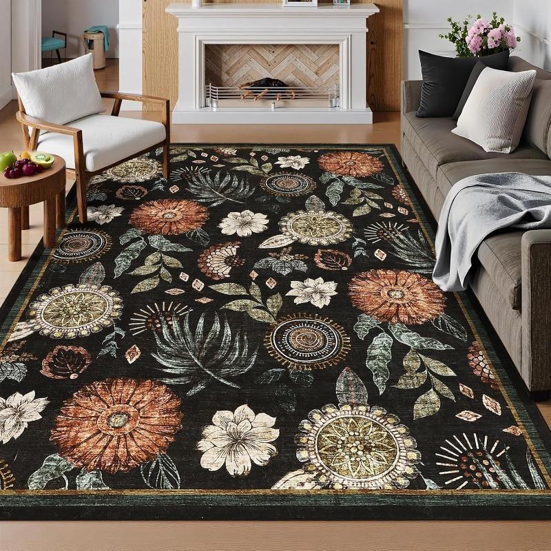 Retro Floral Carpet Bohemian Style Living Room Bedroom Coffee Table Anti Slip Mat Office Winter Warm Rug Home Decoration