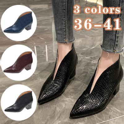 Fahsion Chelsea Boots Women's Autumn Snake Pattern Short Boots V Cutout Pointed Thick Heel Boots