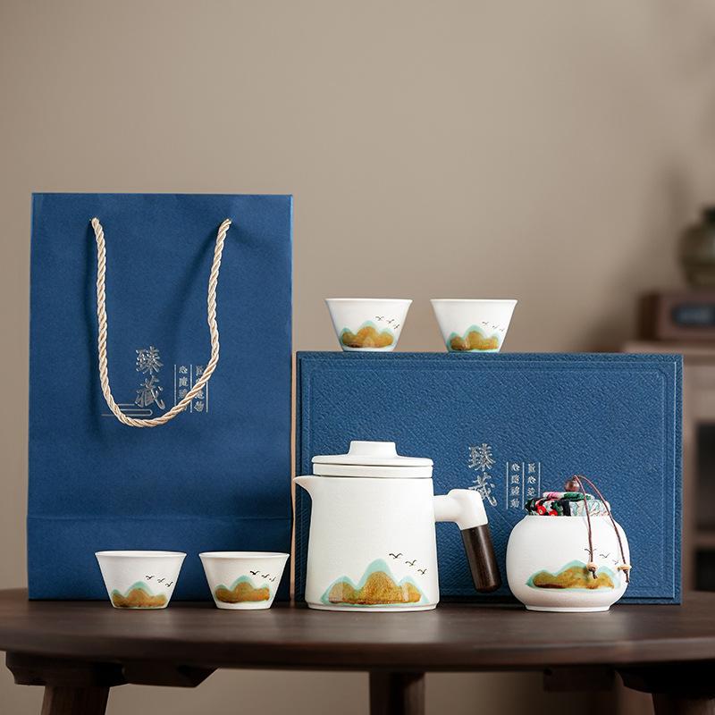 Business gifts Qingshan travel tea set coarse pottery small set outdoor kung fu teapot accompanying portable express cup