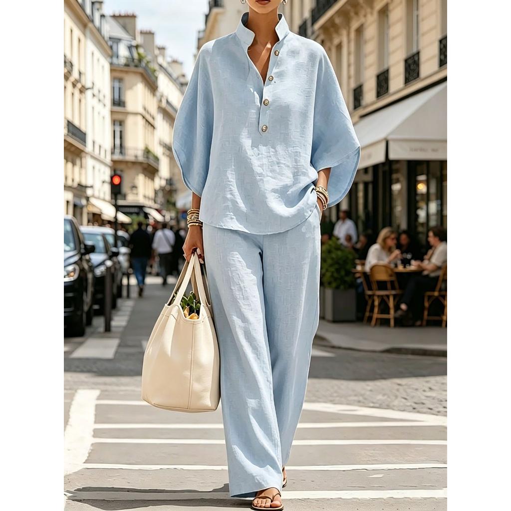 Women's Loose Fit Stand Collar Three Quarter Sleeve Linen Blend Two Piece Pant Set